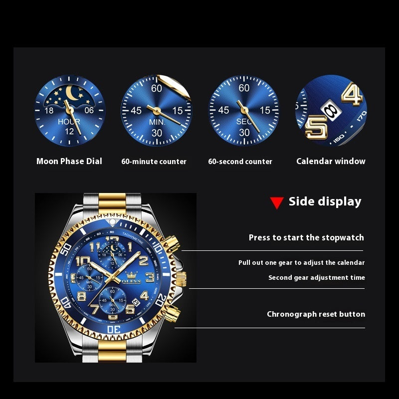 Multi-function men's sports watch with blue dial, gold and silver steel band, moon phase, stopwatch, and calendar features