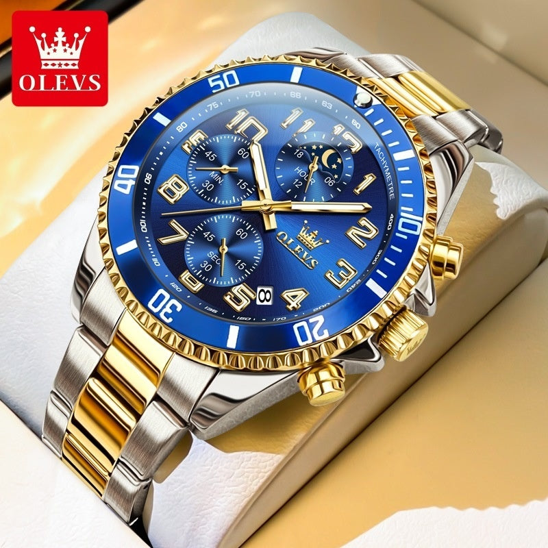 Men's multi-function sports watch with blue dial and gold silver steel band