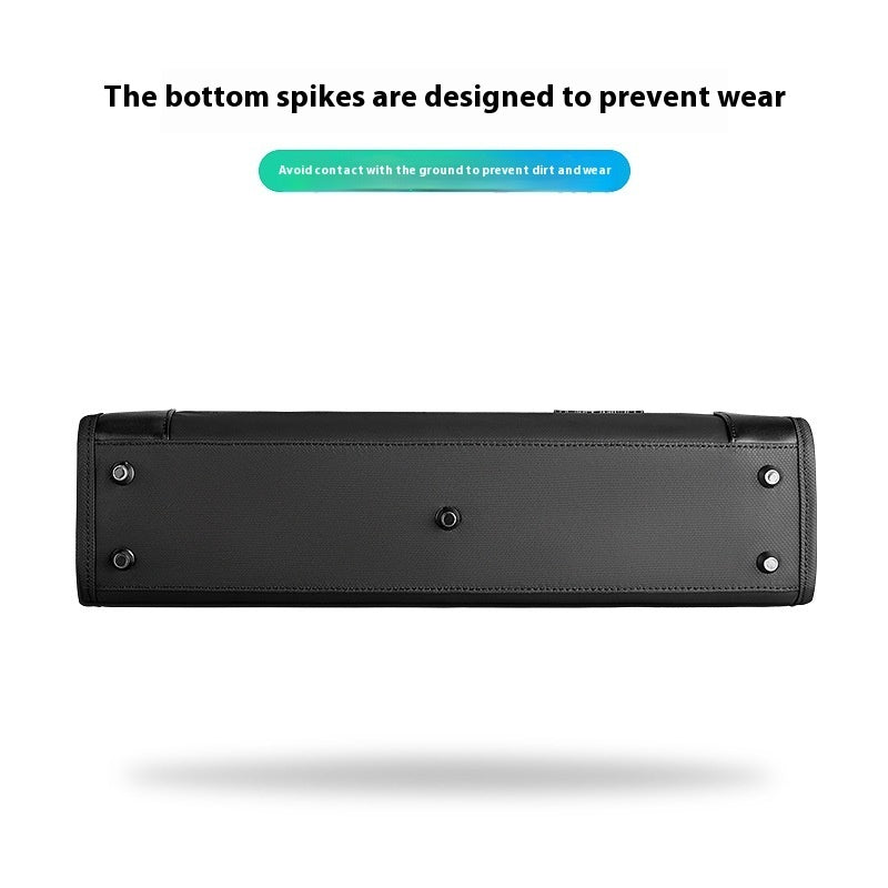 Bottom view of men's business handheld notebook briefcase with protective spikes to prevent wear and dirt on elegant black Oxford cloth material