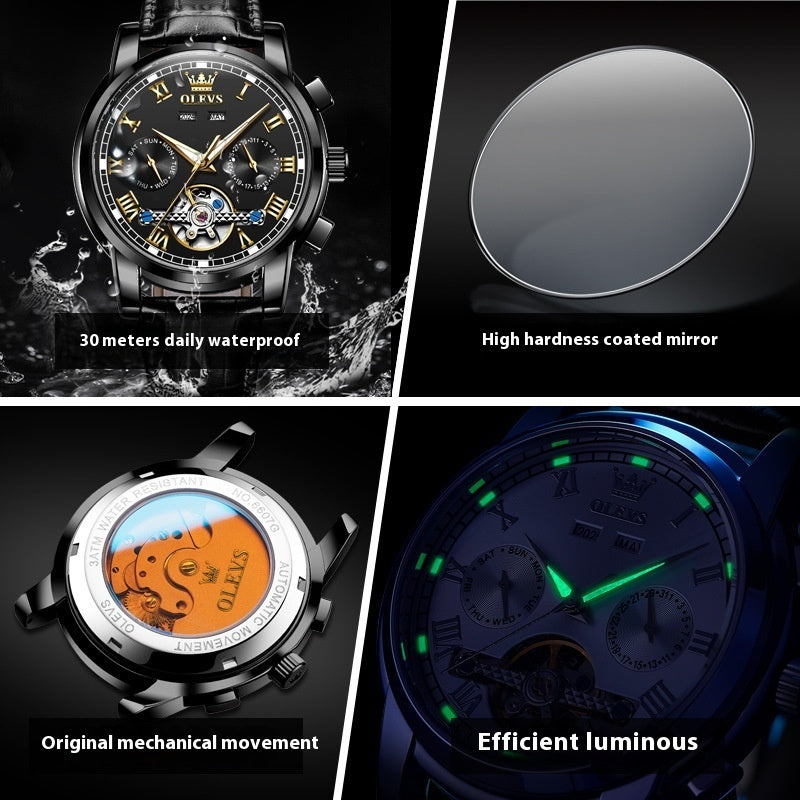 Waterproof luminous men's automatic mechanical watch with black leather strap, blue and black dials, high hardness coated mirror, and efficient glow in the dark features.
