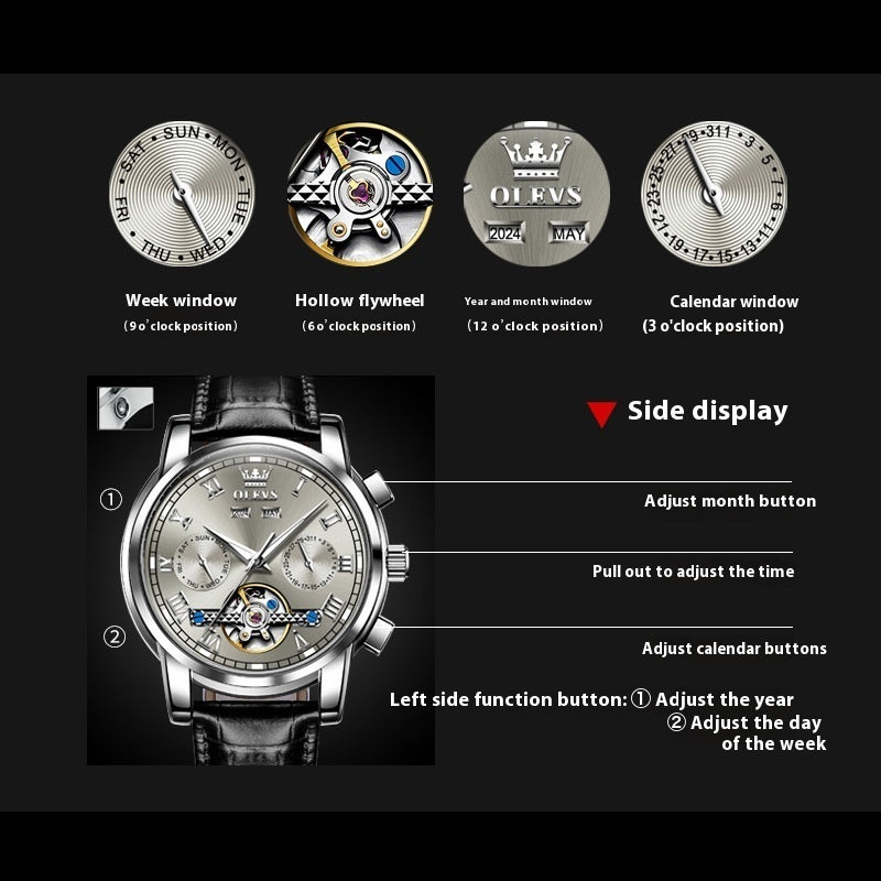 Waterproof luminous automatic mechanical men's watch with black leather strap and multifunctional calendar display