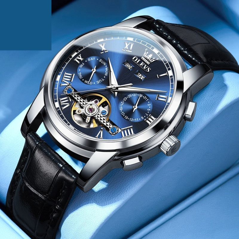 Waterproof luminous multifunctional automatic mechanical men's watch with black leather strap and blue dial