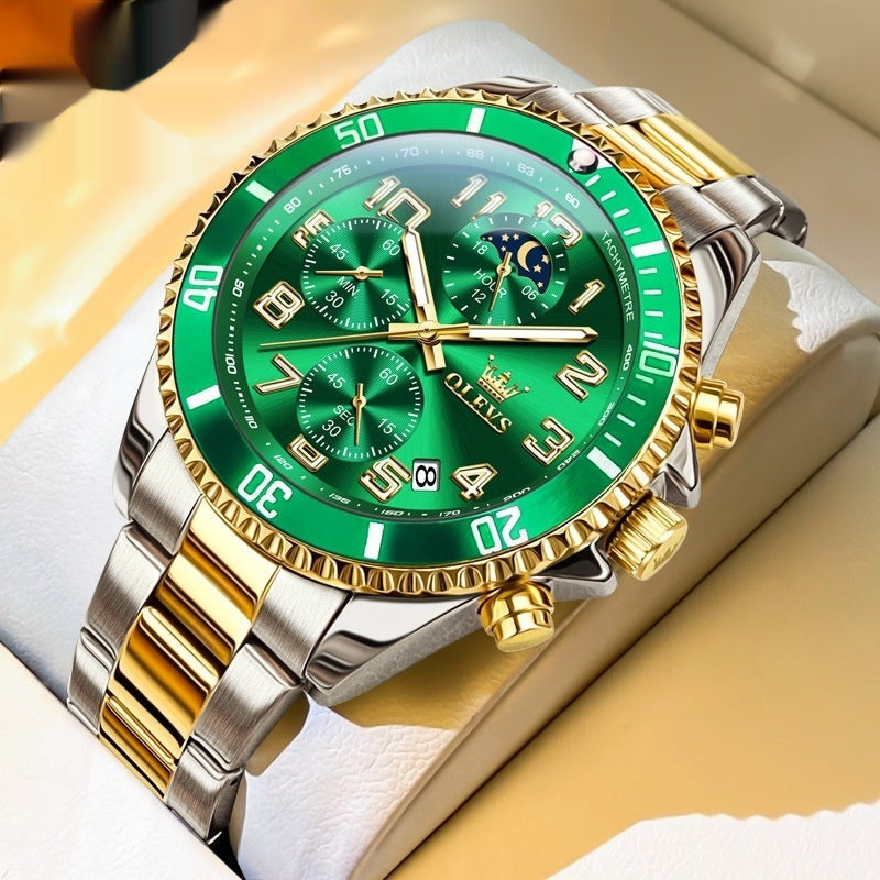 Multi-function men's sports watch with green dial, gold and silver steel band, chronograph, and moon phase indicator