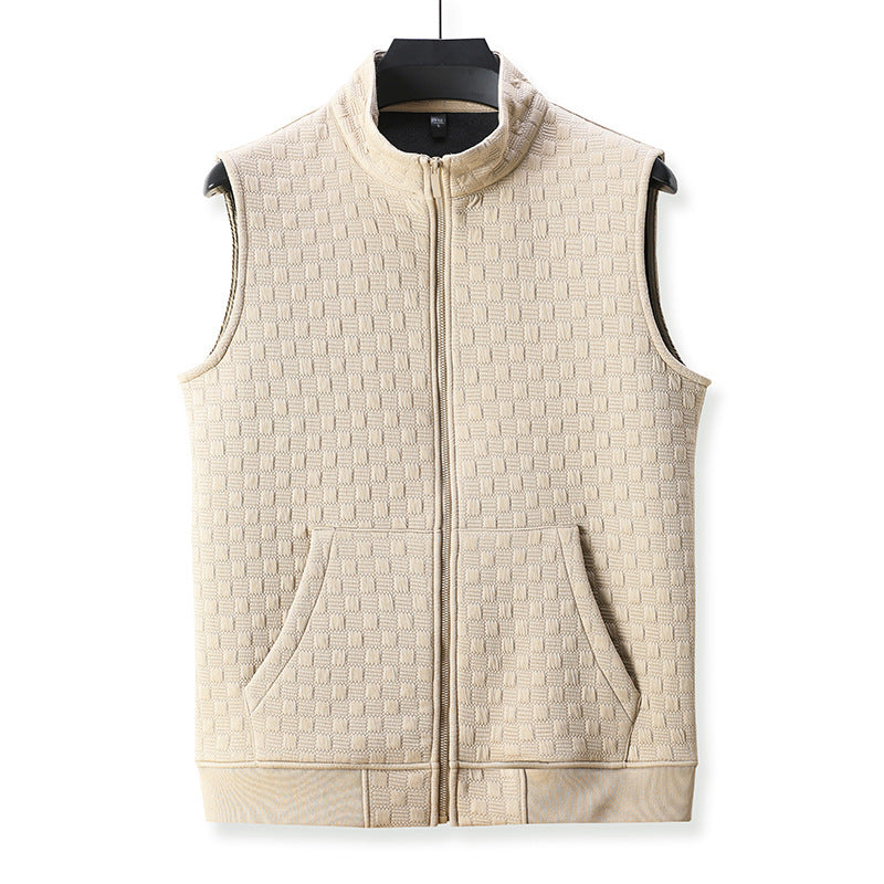 Beige casual sleeveless top waistcoat vest with front zipper and pockets, suitable for daily wear.