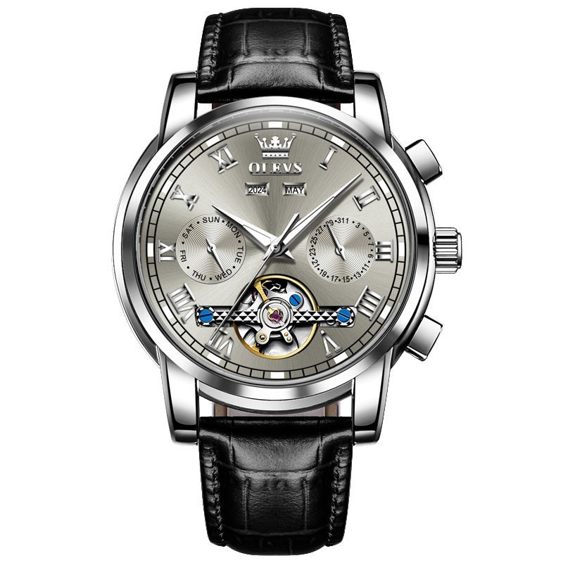 Waterproof luminous automatic mechanical men's watch with black leather strap and silver dial