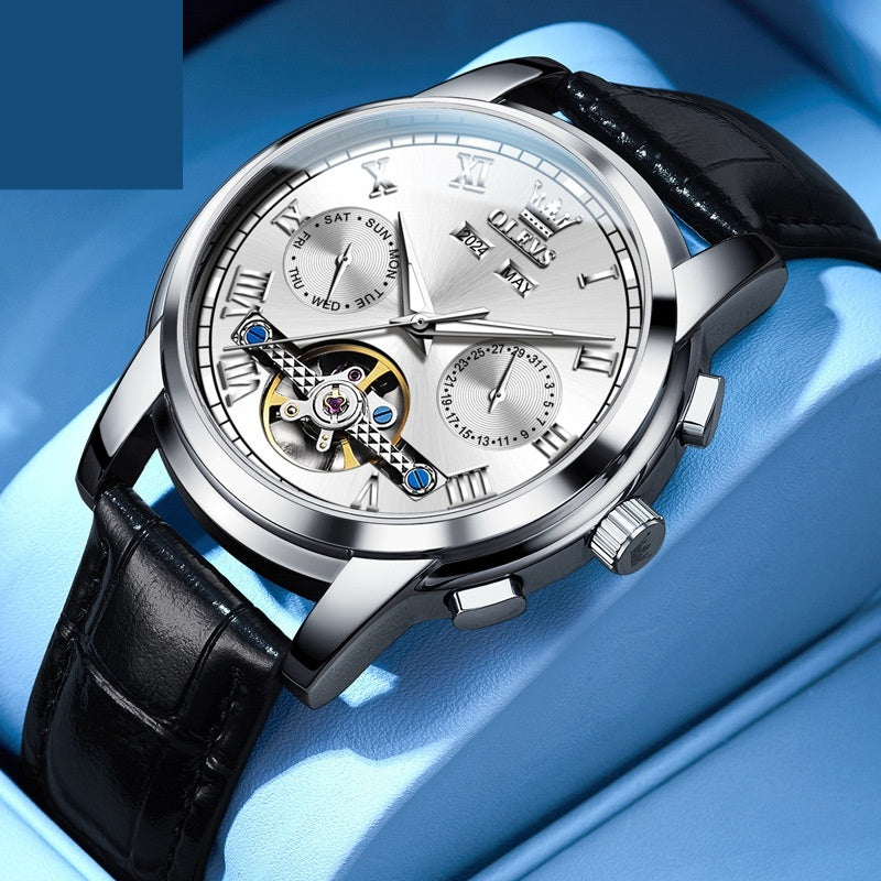 Waterproof luminous automatic mechanical men's wristwatch with black leather strap and silver dial
