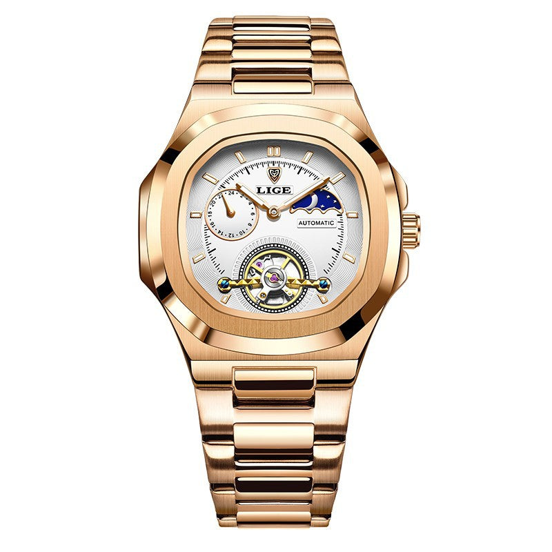 Men's Fashion Business automatic mechanical watch with gold stainless steel band and white dial