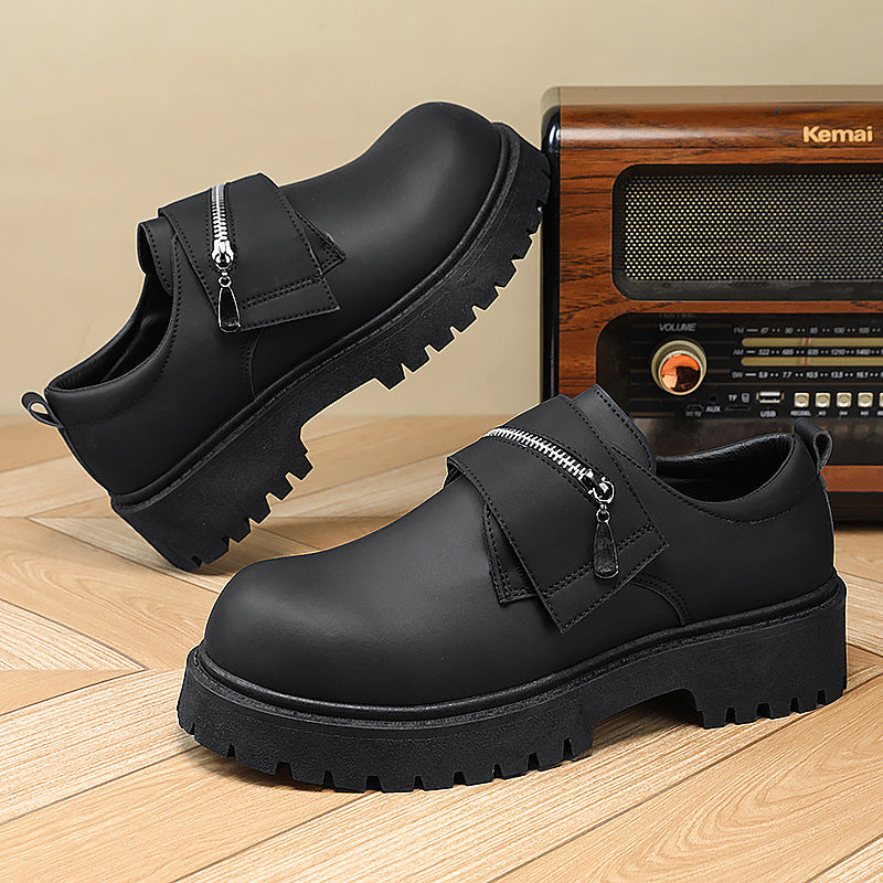 Black casual new platform leather shoes for men with zipper detail and thick non-slip sole