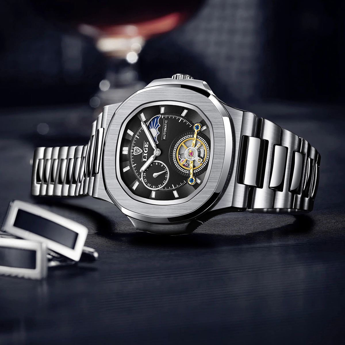 Men's Fashion Business automatic mechanical silver stainless steel watch with black dial and metal strap