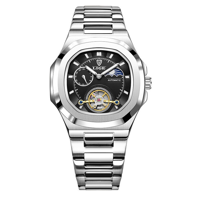 Men's fashion business automatic mechanical watch with stainless steel silver band and black dial