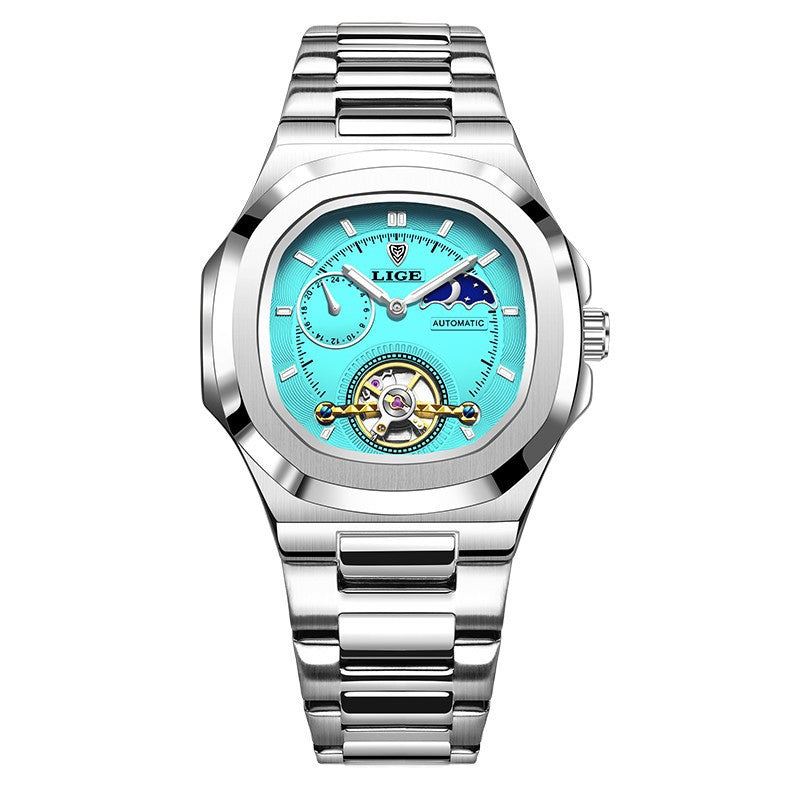 Men's Fashion Business automatic mechanical watch with stainless steel silver bracelet and turquoise dial