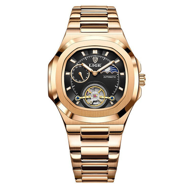 Men's fashion business automatic mechanical watch with gold stainless steel band and black dial