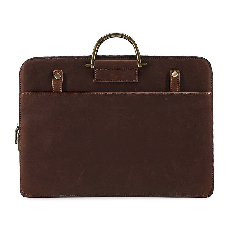 Brown Crazy Horse leather men's business handbag with metal handle and front pocket