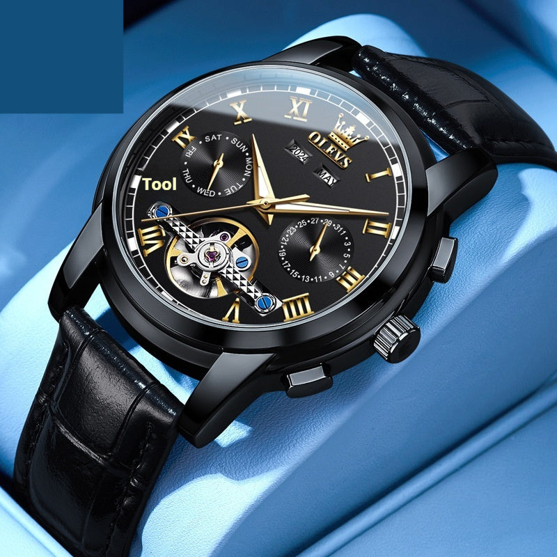 Waterproof luminous automatic mechanical men's watch with black leather strap and black dial