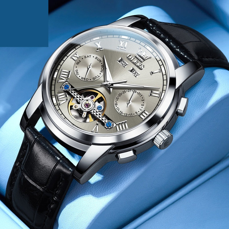 Waterproof luminous automatic mechanical men's watch with black leather strap and silver dial