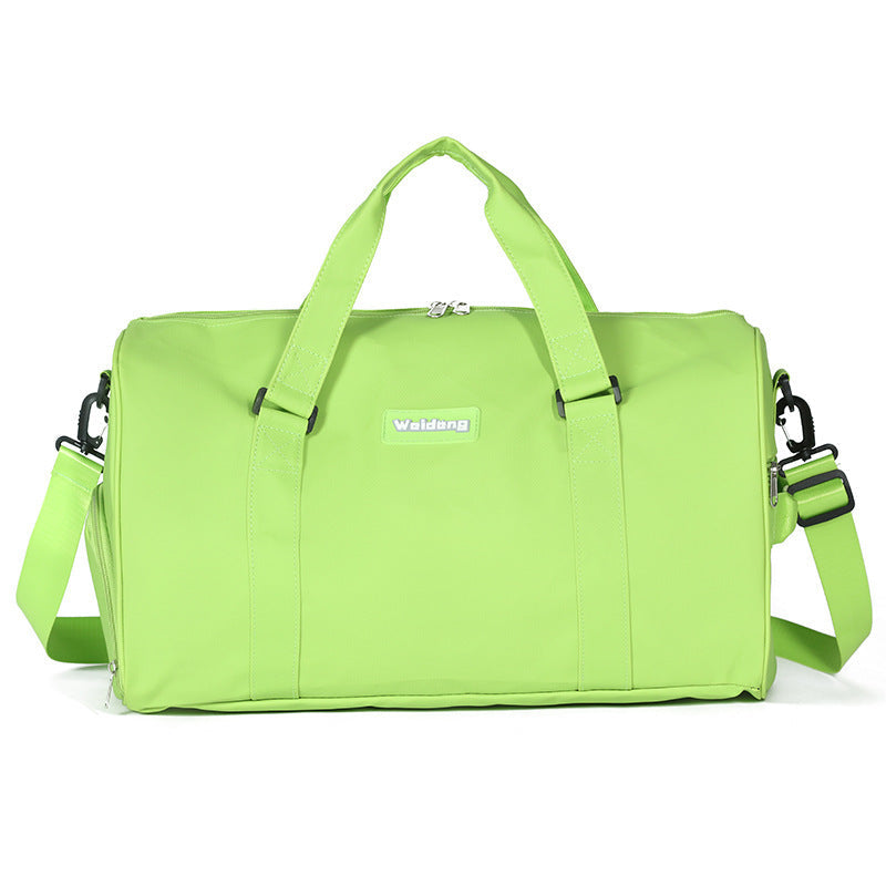 Portable female large capacity swimming bag in light green oxford cloth with polyester lining and multiple carrying options