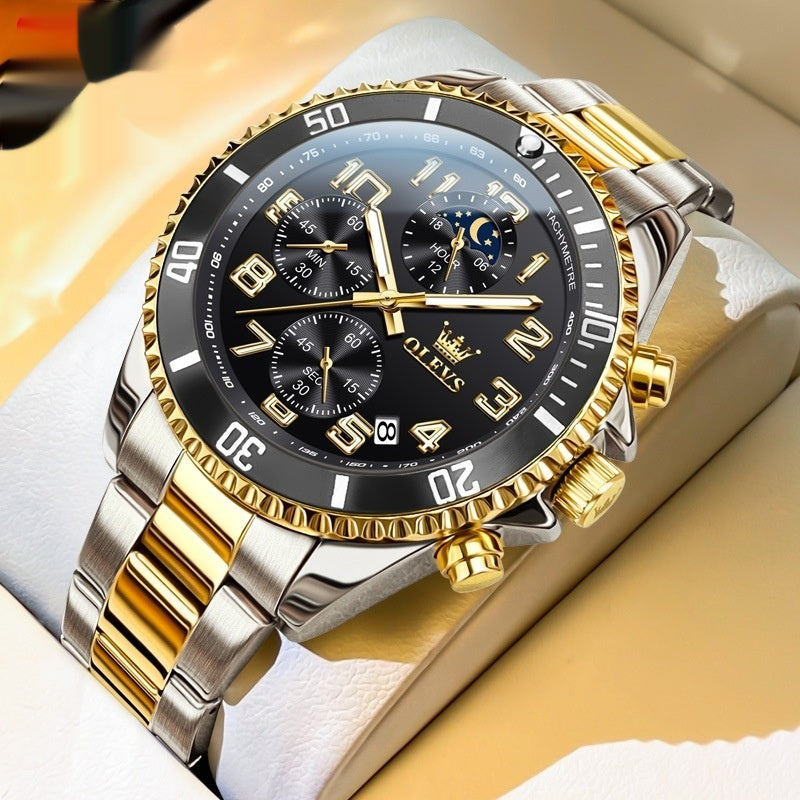 Multi-function men's sports watch with black and gold stainless steel band and chronograph features