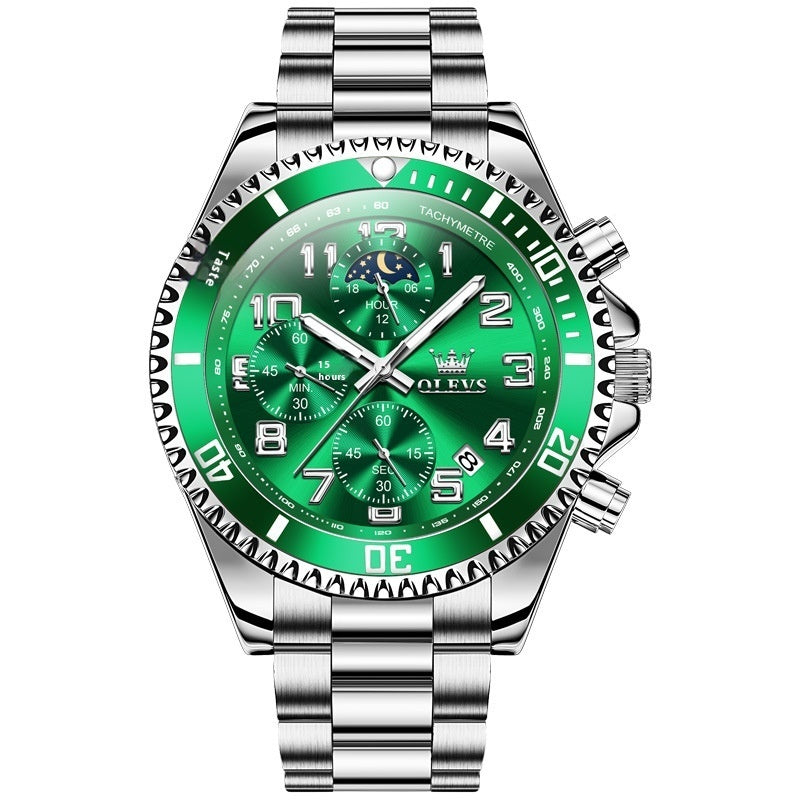 Men's multi-function sports watch with green dial and stainless steel band