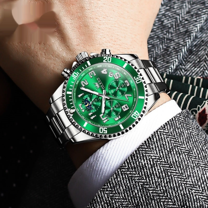Men's multi-function sports watch with green dial and silver steel band