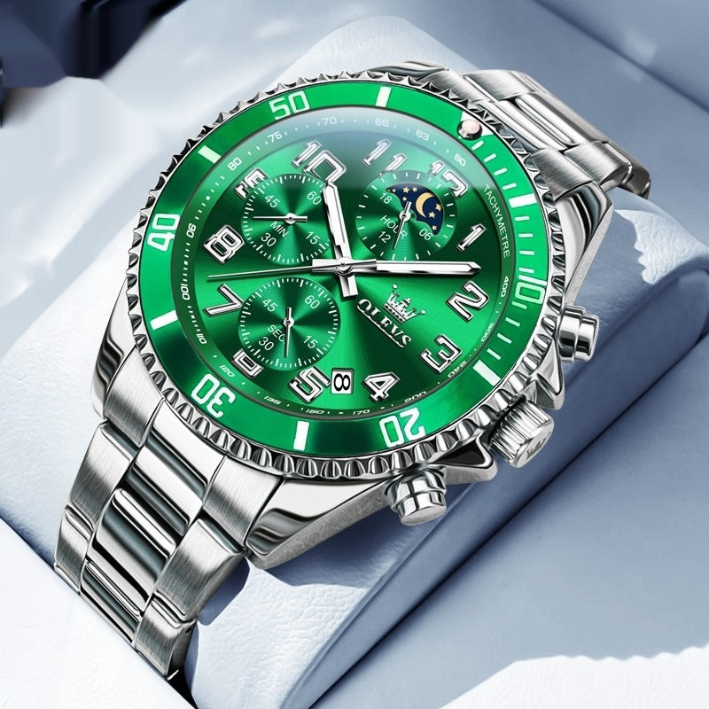 Stainless steel multi-function men's watch with green dial and chronograph features
