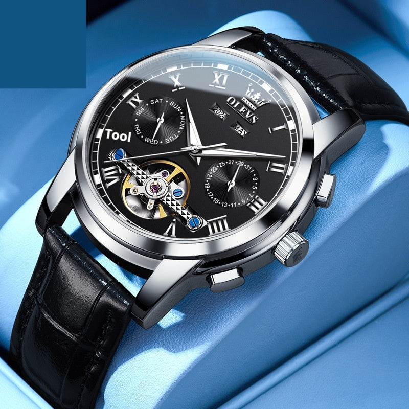 Waterproof luminous black leather men's automatic mechanical watch with multifunctional dial and stainless steel case