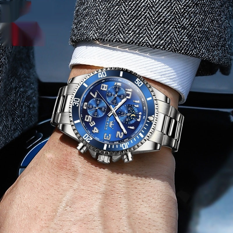 Men's multi-function watch with blue dial and silver stainless steel band