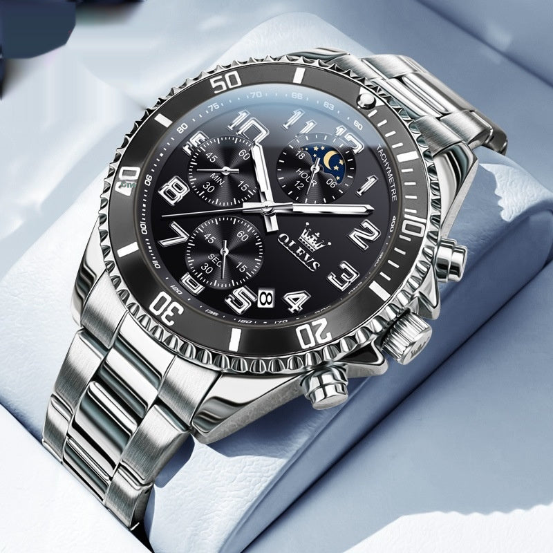 Silver men's multi-function sports watch with black dial and stainless steel band