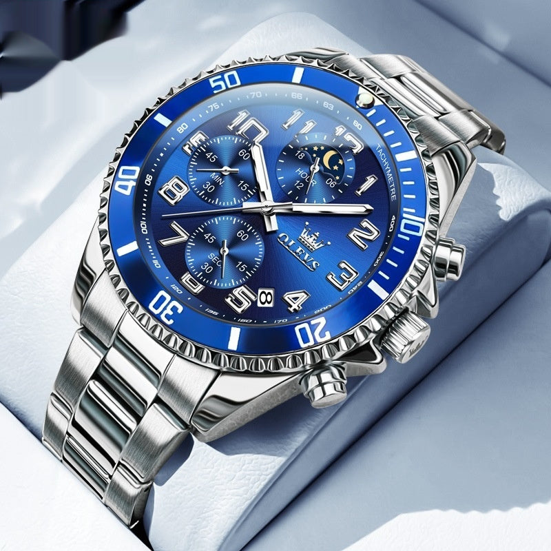 Men's multi-function sports watch with blue dial and silver stainless steel band