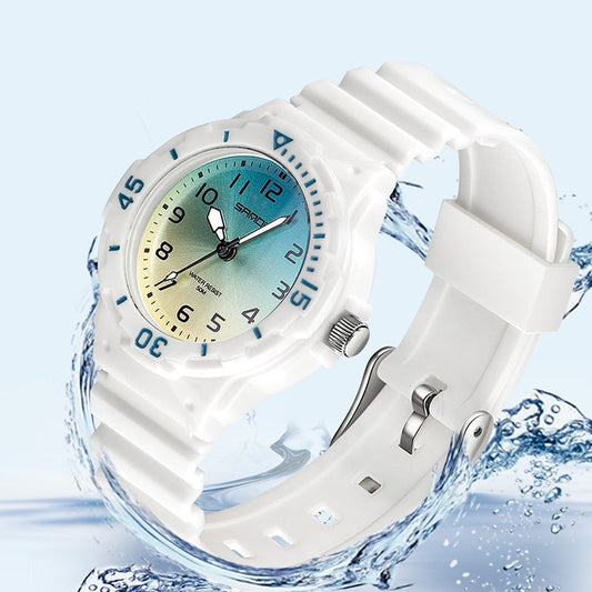 White casual women's watch with colorful gradient dial and water splash background showcasing fashion outdoor elegance
