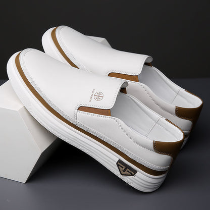 White and brown men's lazy slip on casual leather shoes with rubber sole and low heel