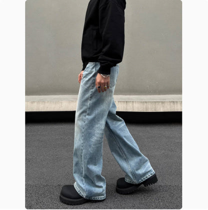 Men's Retro Whisker Washed Blue Straight Jeans