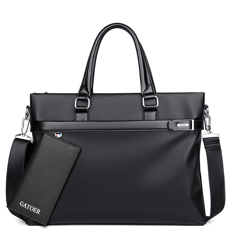 Large capacity black soft leather business handbag with detachable shoulder strap and zipper closure.