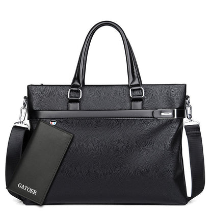 Large capacity black soft leather business handbag with detachable shoulder strap and zipper closure.