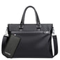 Large capacity black soft leather business handbag with detachable shoulder strap and zipper closure.