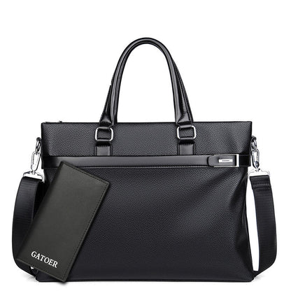Large capacity black soft leather business handbag men's briefcase with detachable shoulder strap and matching wallet.