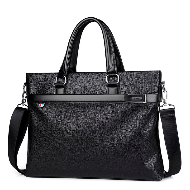 Large capacity black soft leather business briefcase with zipper closure and detachable shoulder strap