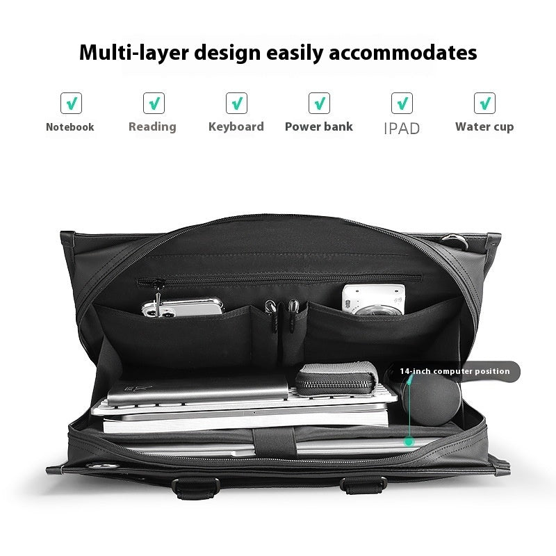 Black men's business handheld notebook briefcase with multi-layer compartments for laptop, reading materials, keyboard, power bank, iPad, and water cup.