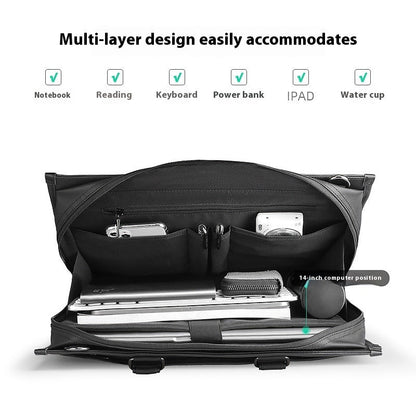 Black men's business handheld notebook briefcase with multi-layer compartments for laptop, reading materials, keyboard, power bank, iPad, and water cup.