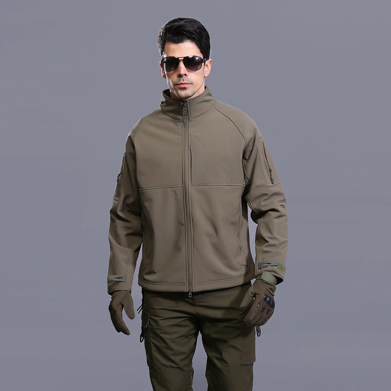 Men's thin commander stand collar outdoor jacket coat in khaki for hiking and climbing