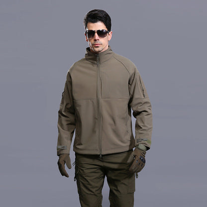 Men's thin commander stand collar outdoor jacket coat in khaki for hiking and climbing