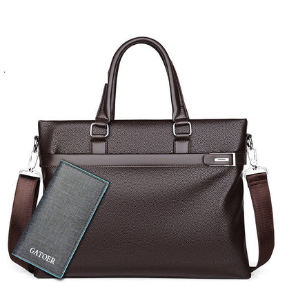 Large capacity men's business handbag soft leather briefcase with shoulder strap and matching wallet in brown color