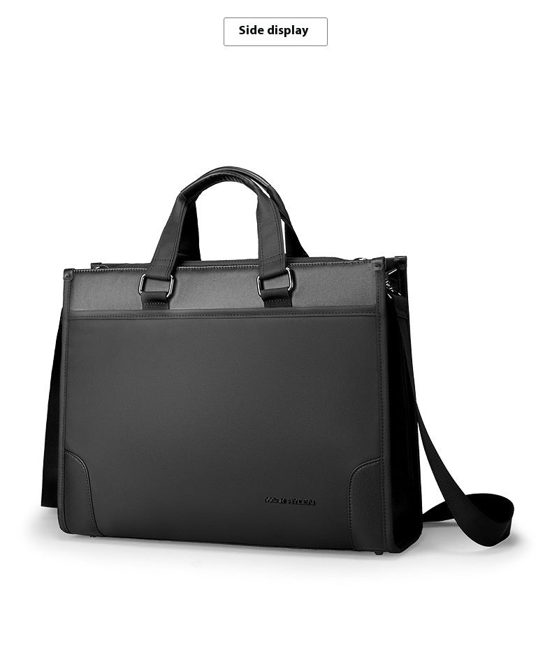 Men's black business handheld notebook briefcase with dual handles and shoulder strap, made of Oxford cloth for travel and work use
