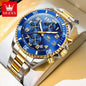 Men's multi-function sports watch with blue dial and gold silver steel band