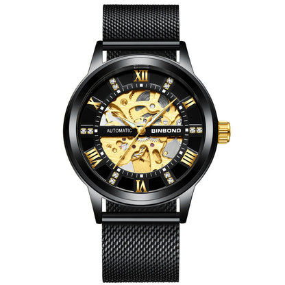 Men's automatic mechanical watch with black mesh strap and gold skeleton dial