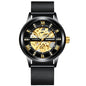 Men's automatic mechanical watch with black mesh strap and gold skeleton dial