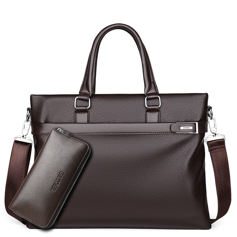 Large capacity business handbag men's soft brown leather briefcase with detachable shoulder strap and matching wallet