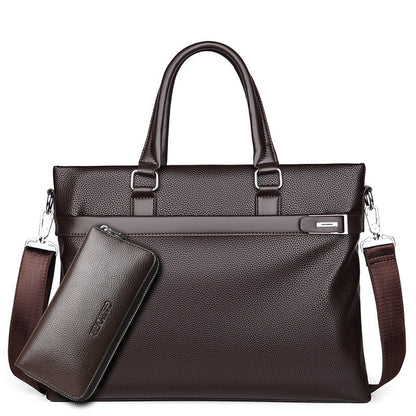 Large capacity business handbag men's soft brown leather briefcase with detachable shoulder strap and matching wallet