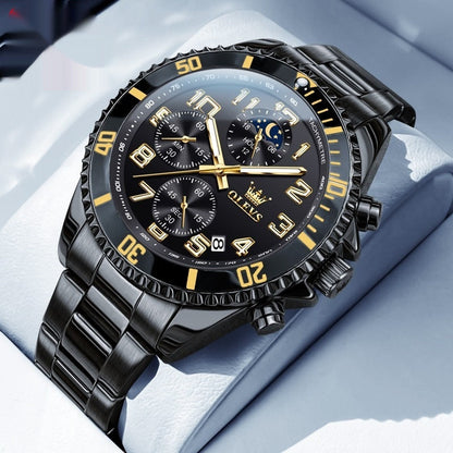 Black multi-function men's sports watch with steel band and gold accents