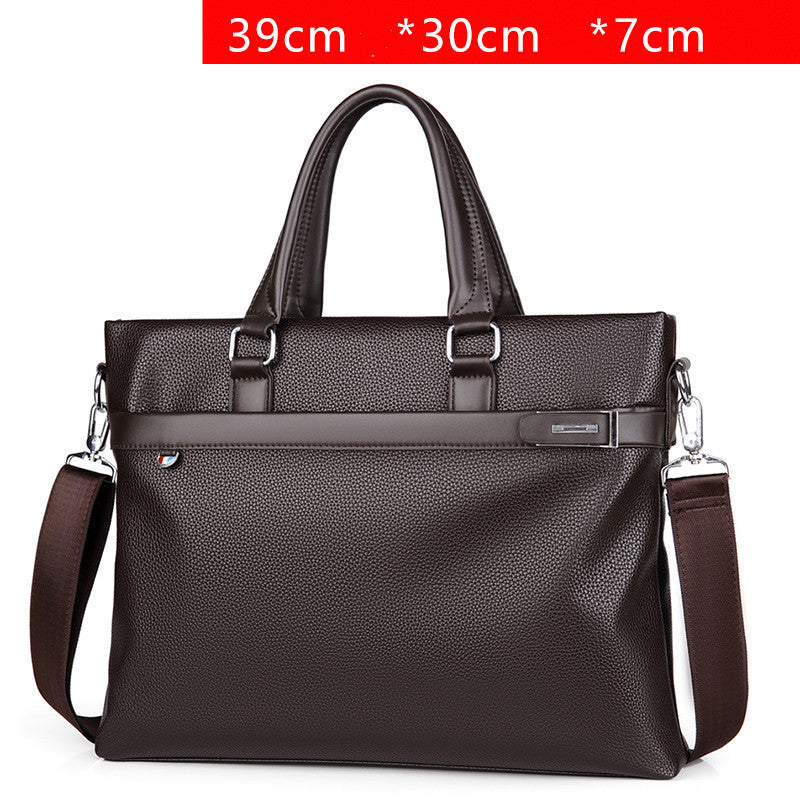 Large capacity business handbag men's soft leather briefcase in dark brown with dual handles and detachable shoulder strap