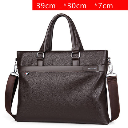 Large capacity business handbag men's soft leather briefcase in dark brown with dual handles and detachable shoulder strap